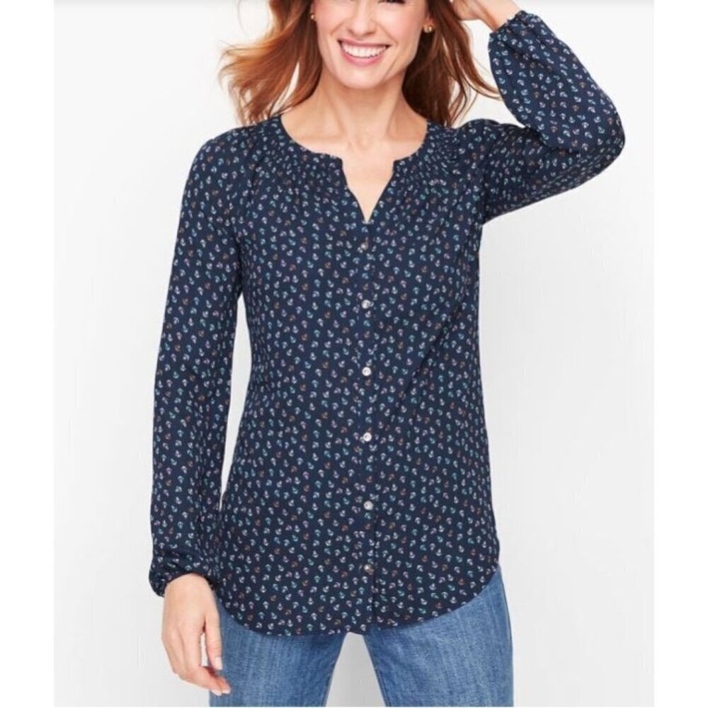 Talbots Navy Blouse Blue Green Pink Anchors Print Long Sleeve Buttons XL NWOT